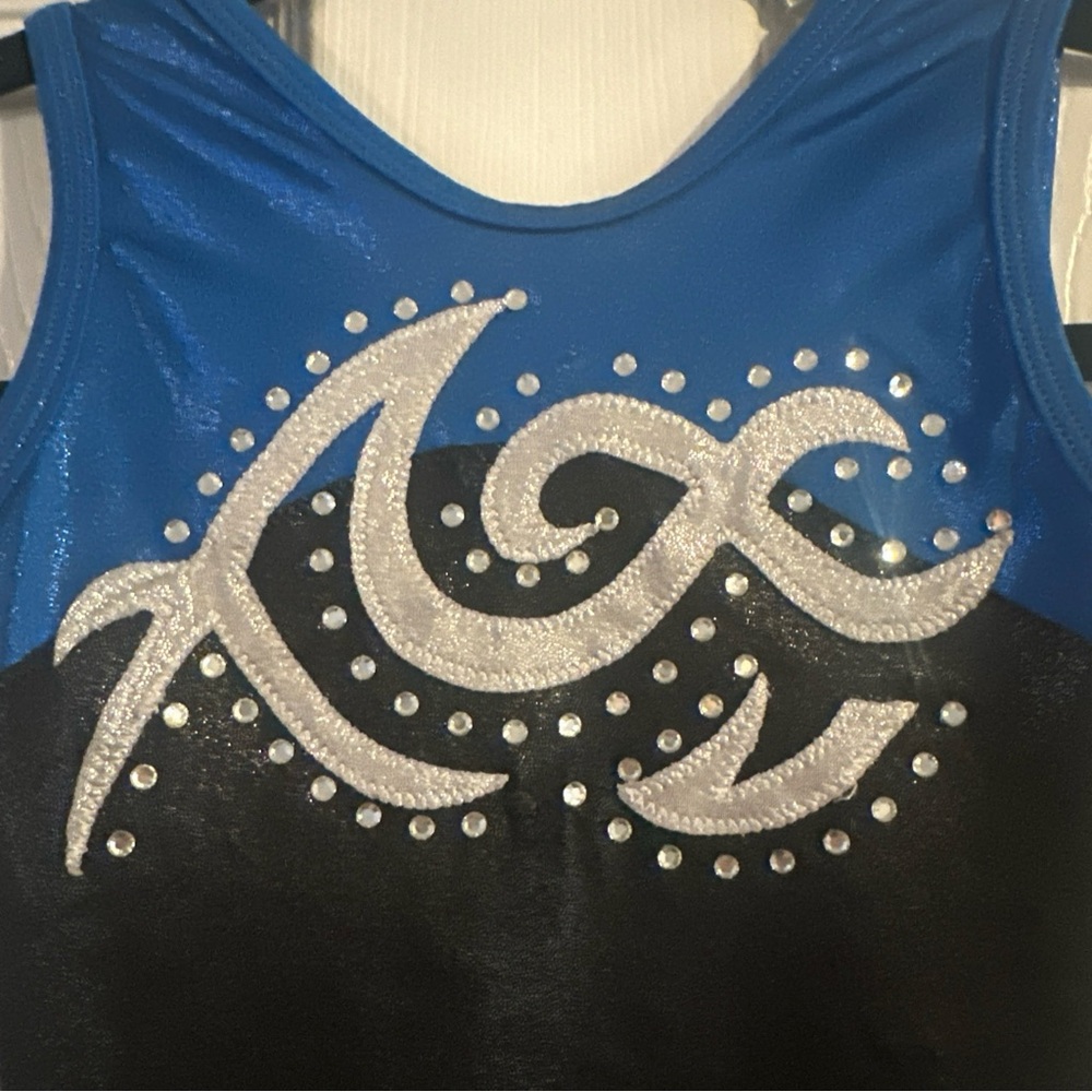 Alpha Factor Gymnastics Leotard Blue And Black With Silver & Rhinestones Size CM - Picture 3 of 4